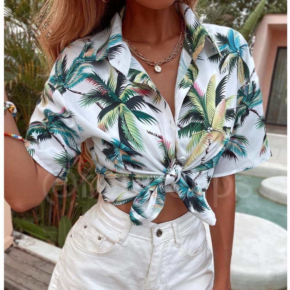 Short Sleeve Button Down Short Tropical Print Palm Leaves White